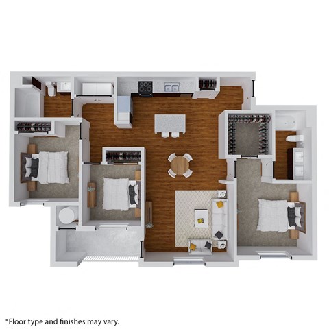 Floor plan for 3 beds, 2 baths, 1292 sqft
